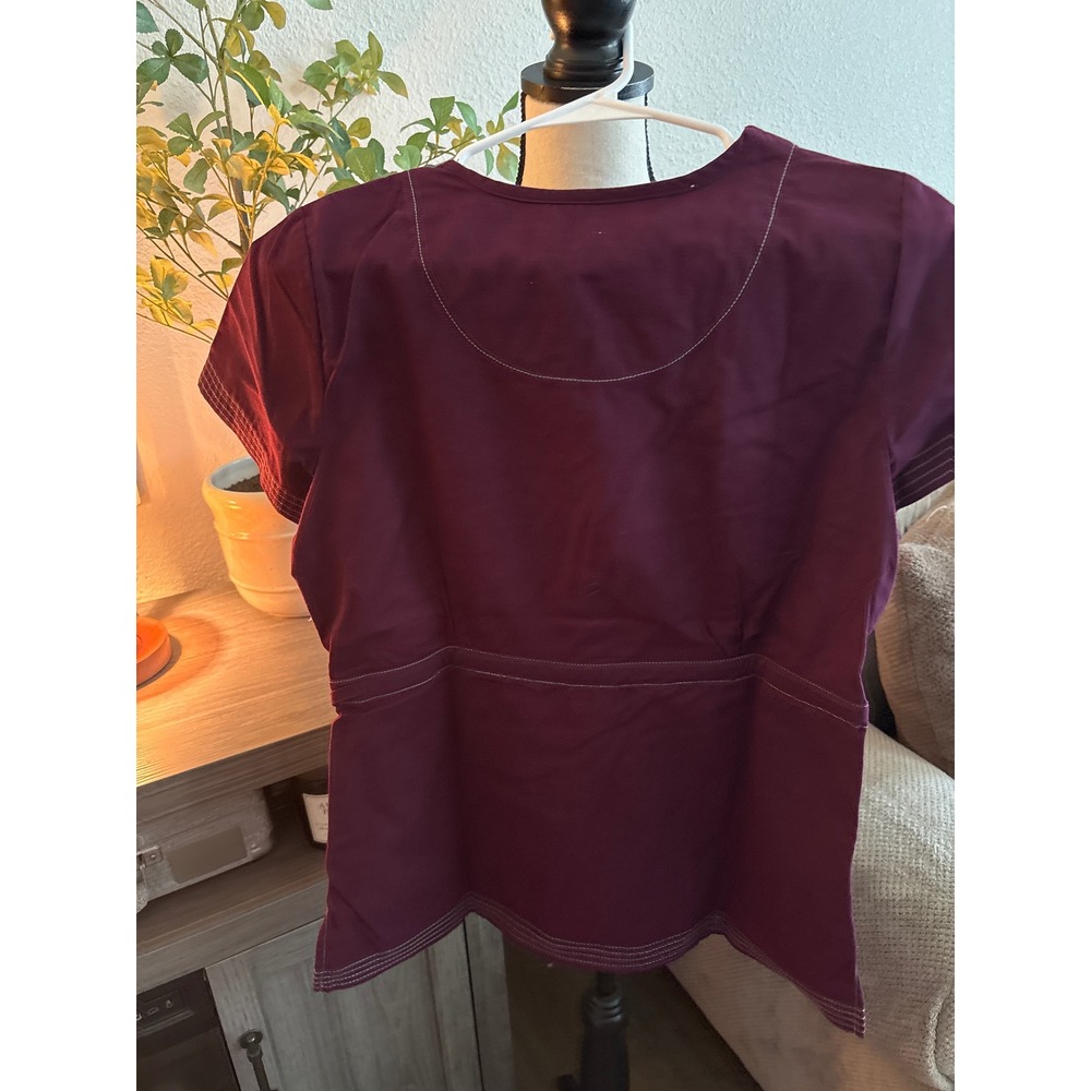 Koi by Kathy Peterson Womens Scrub Top Plum Burgundy Mock Wrap Small NWT - Picture 2 of 4